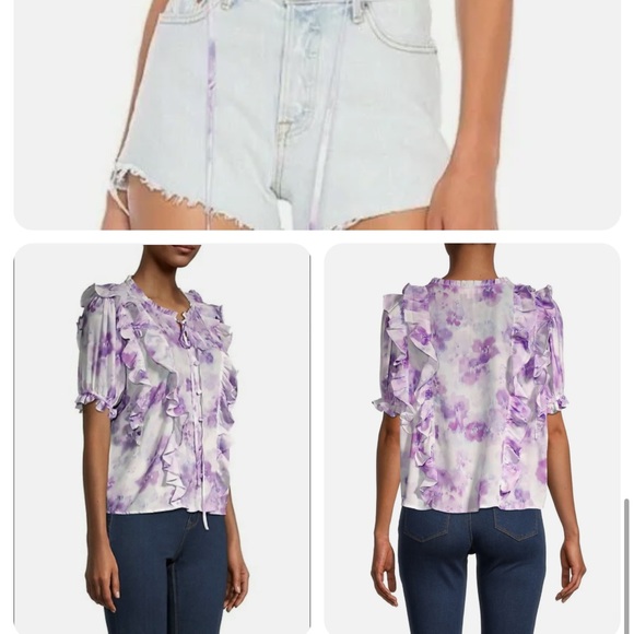 NEW • For Love and Lemons • Women's Purple Zinnia Floral Ruffle Blouse Small - Picture 2 of 4